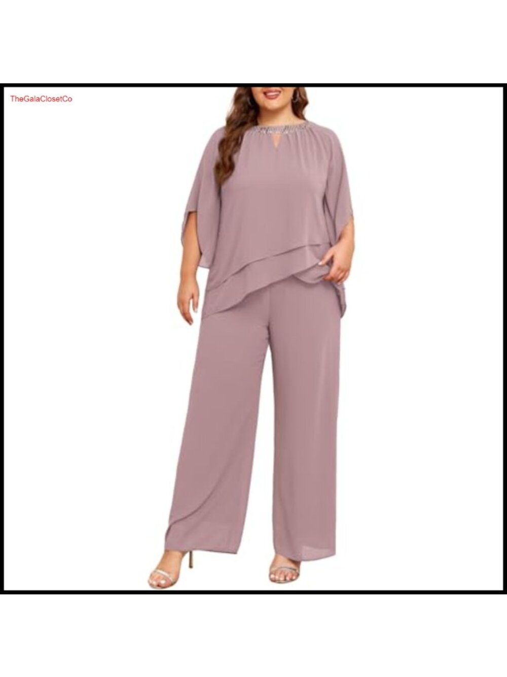 Plus Size Chiffon Pantsuit 2-Piece Sequin Crew Neck Formal Wedding Guest